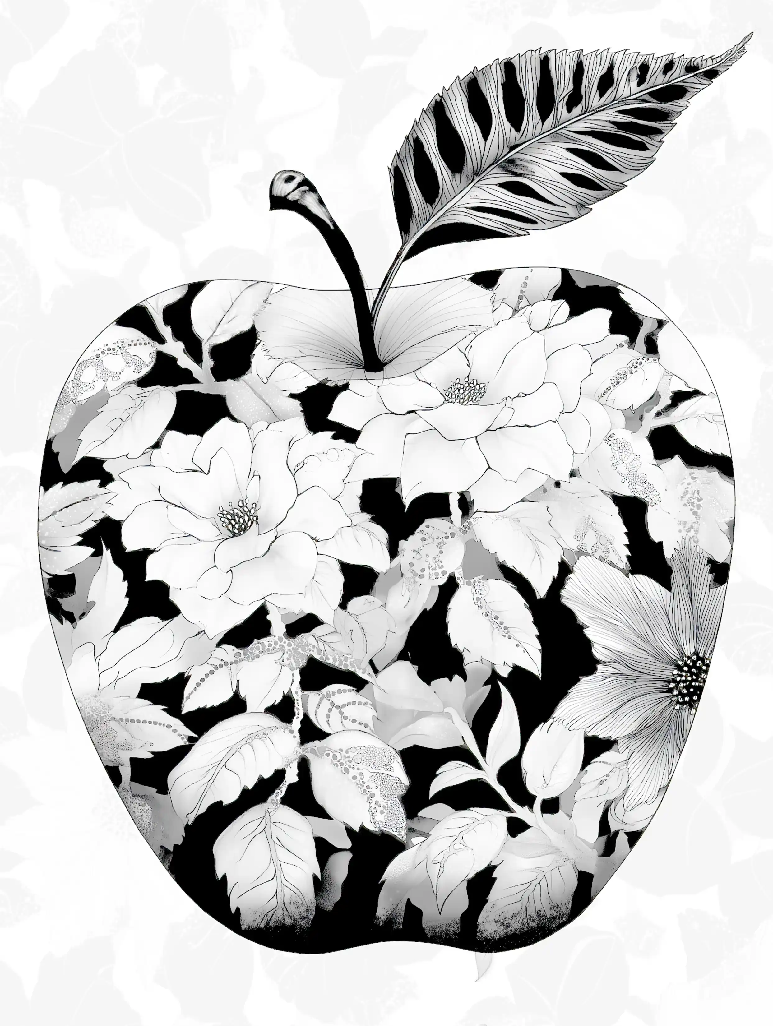 Free printable apple coloring page for adults featuring white floral stickers on black apple